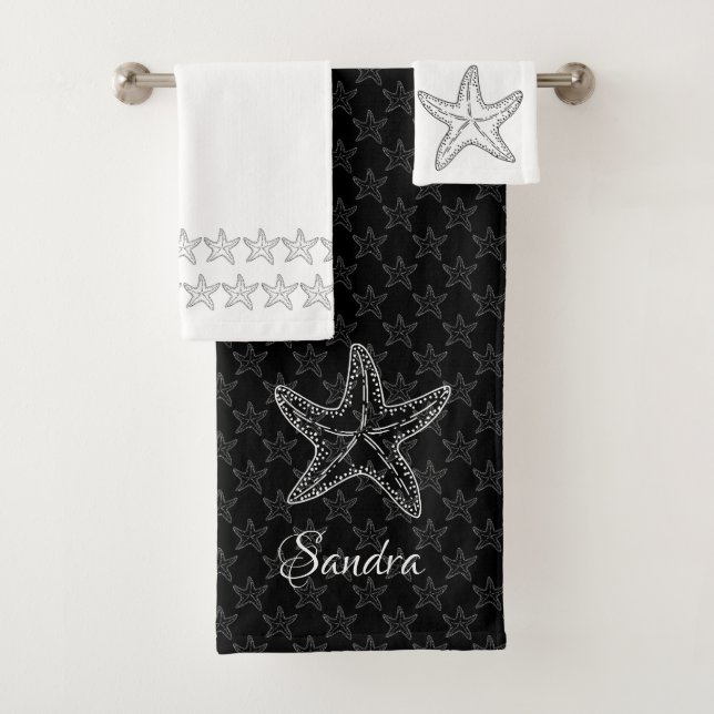 Custom Black White Chic Beach house Starfish  Bath Bath Towel Set (Insitu)