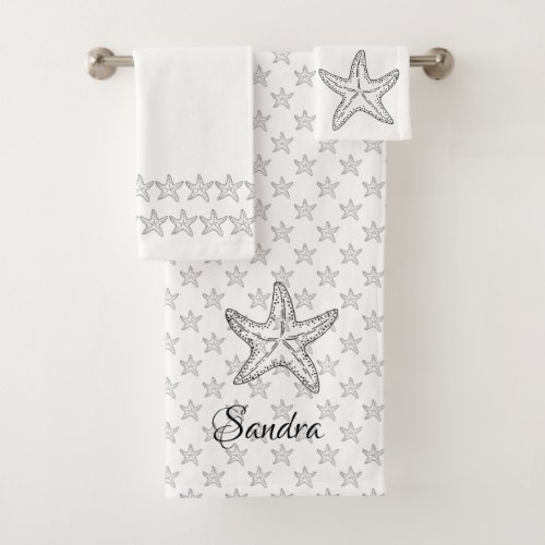 Custom Black White Chic Beach house Starfish  Bath Towel Set