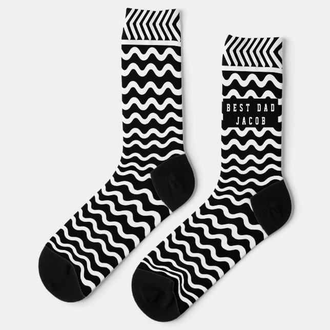 Custom Black white Dad Name Red Wave Pattern Socks (Left)
