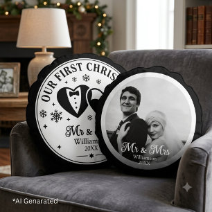Custom Black White Elegant First Christmas Photo Round Pillow
