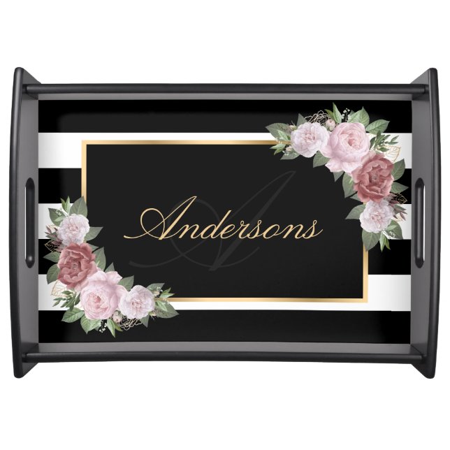 Custom Black White Floral Family Name Monogram Serving Tray (Front)