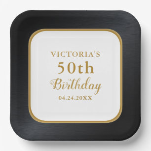 Custom Black White Gold 50th Birthday Paper Plates
