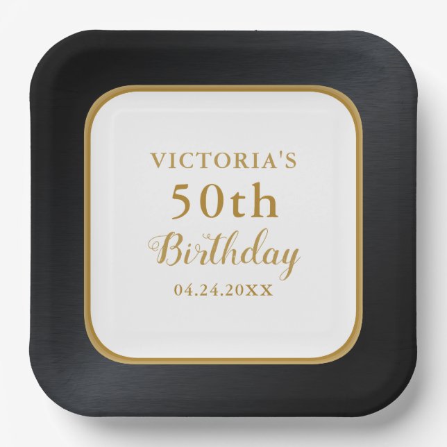 Custom Black White Gold 50th Birthday Paper Plates (Front)