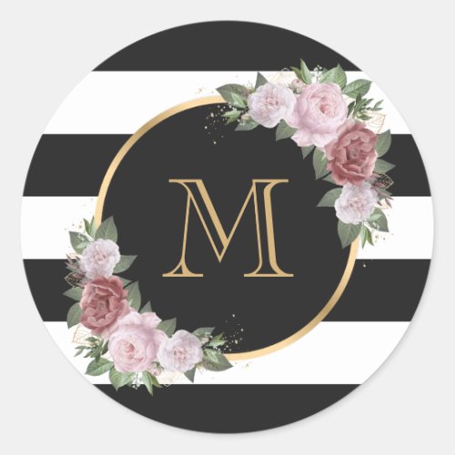 Custom Black White Gold Blush Pink Floral Monogram Classic Round Sticker