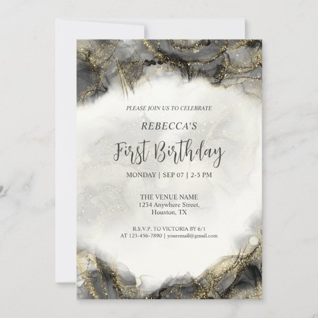 Custom Black & White Gold Marble Glitter Monogram Invitation (Front)