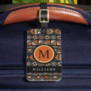 Custom Black White Gold Orange  Aztec Pattern Luggage Tag
