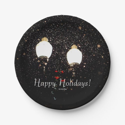 Custom Black White Gold Snow Lights Your Greeting Paper Plates