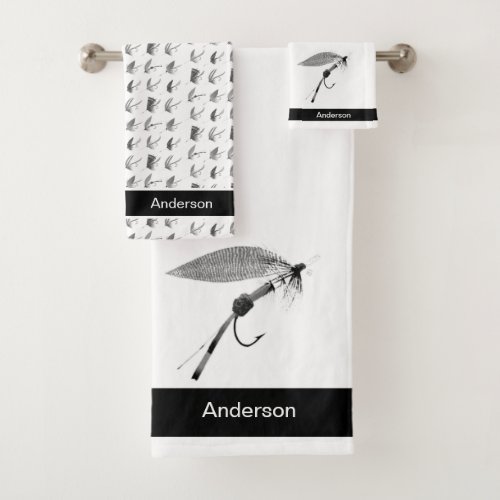 Custom Black White Gray Fly Fishing Flies Coastal Bath Towel Set