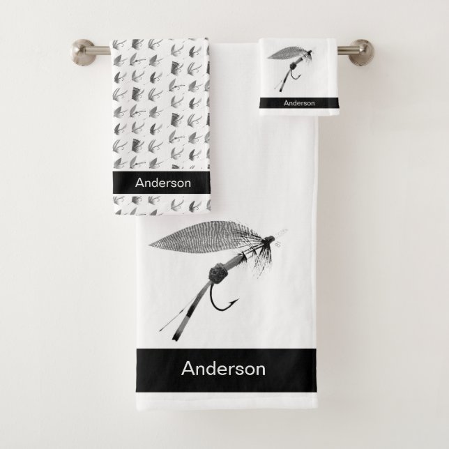 Custom Black White Gray Fly Fishing Flies Coastal Bath Towel Set (Insitu)