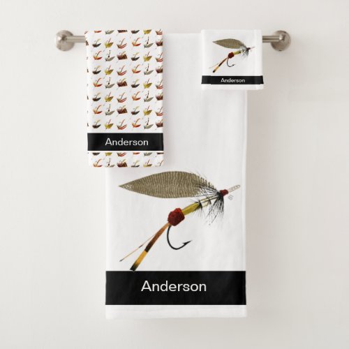 Custom Black White Gray Fly Fishing Flies Coastal Bath Towel Set