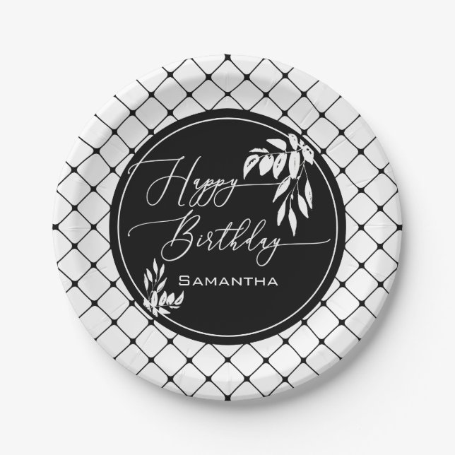 Custom Black White Happy Birthday Diamond Pattern Paper Plates (Front)