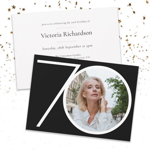 Custom Black White Minimalist Photo 70th Birthday Invitation