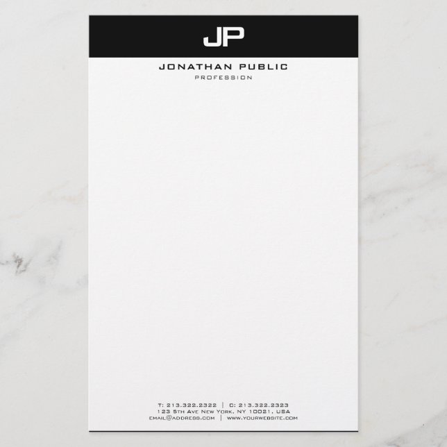Custom Black White Modern Minimalist Template Stationery (Front)