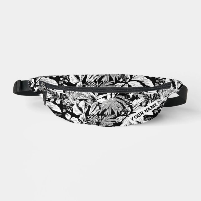Custom Black White Modern Tropical Leaves Printed Fanny Pack (Front)