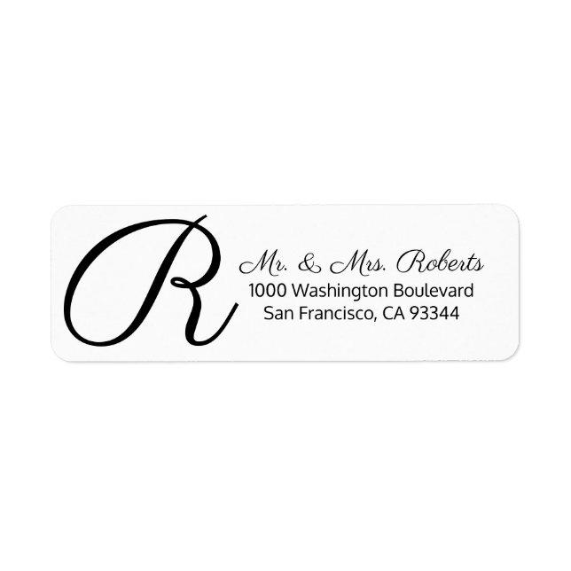 Custom Black White Monogram Letter Return Label (Front)