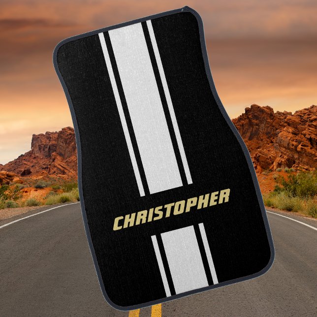 Custom Black White Racing Stripes Gold Monogrammed Car Floor Mat (Custom Black White Racing Stripes Gold Monogrammed Car Floor Mat)