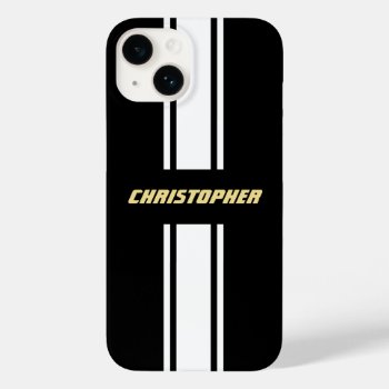 Custom Black White Racing Stripes Gold Monogrammed Case-mate Iphone 14 Case by iCoolCreate at Zazzle