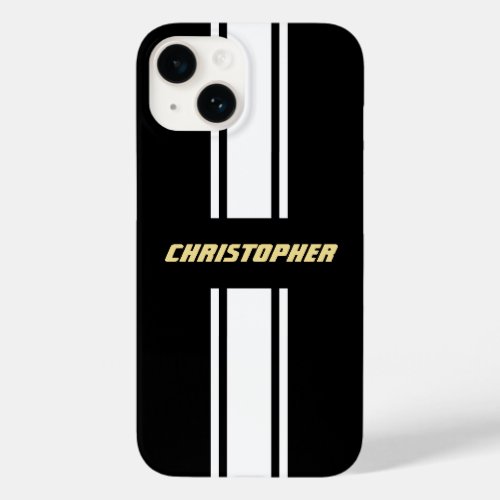 Custom Black White Racing Stripes Gold Monogrammed Case_Mate iPhone 14 Case