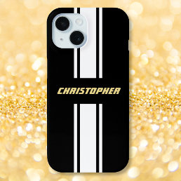 Custom Black White Racing Stripes Gold Monogrammed iPhone 15 Case