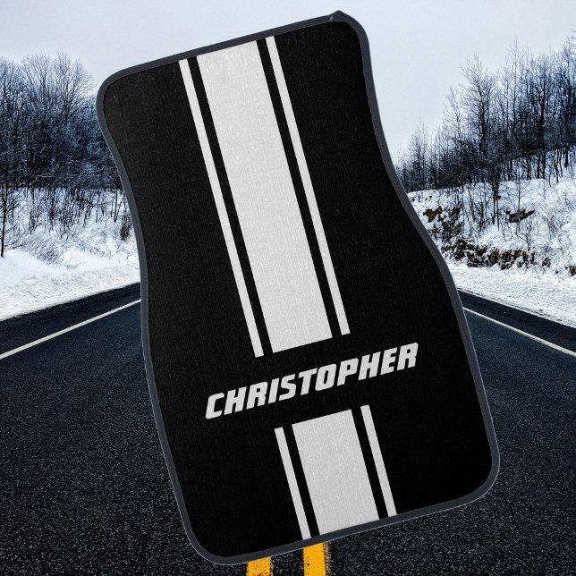 Custom Black White Racing Stripes Monogram Hot Rod Car Floor Mat (Custom Black White Racing Stripes Monogram Hot Rod Car Floor Mat)
