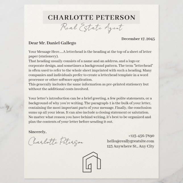 Custom Black & White Real Estate Letterhead (Front)