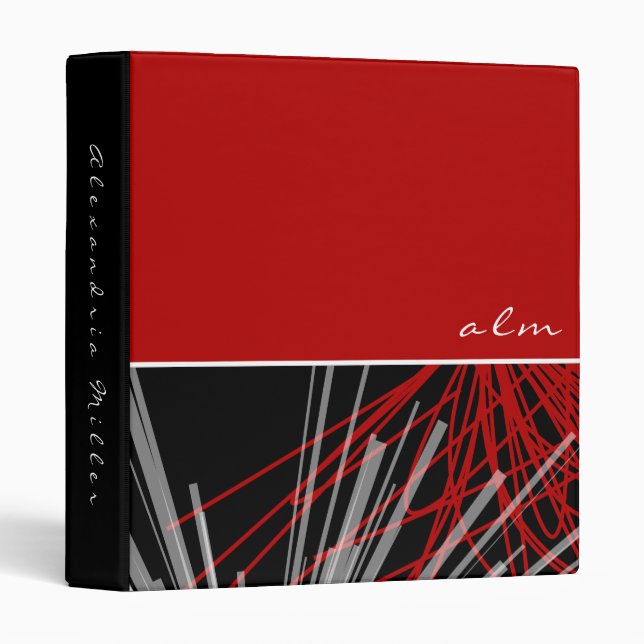Custom Black White & Red Modern Abstract Ribbons 3 Ring Binder (Front/Spine)