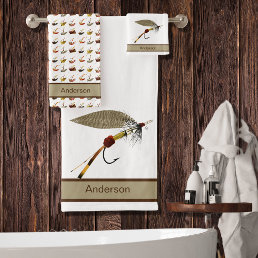 Custom Black White Tan Fly Fishing Flies Coastal Bath Towel Set