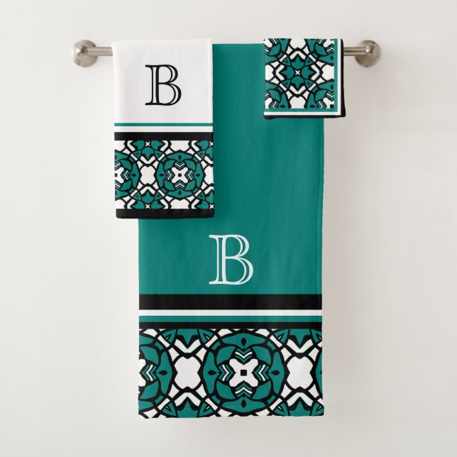 Custom Black White Teal Green Oriental Mosaic Art Bath Towel Set (Insitu)