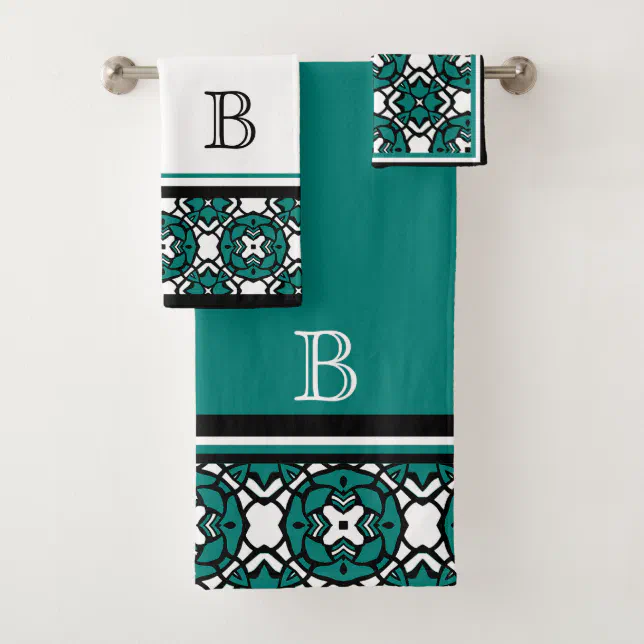 Custom Black White Teal Green Oriental Mosaic Art Bath Towel Set | Zazzle