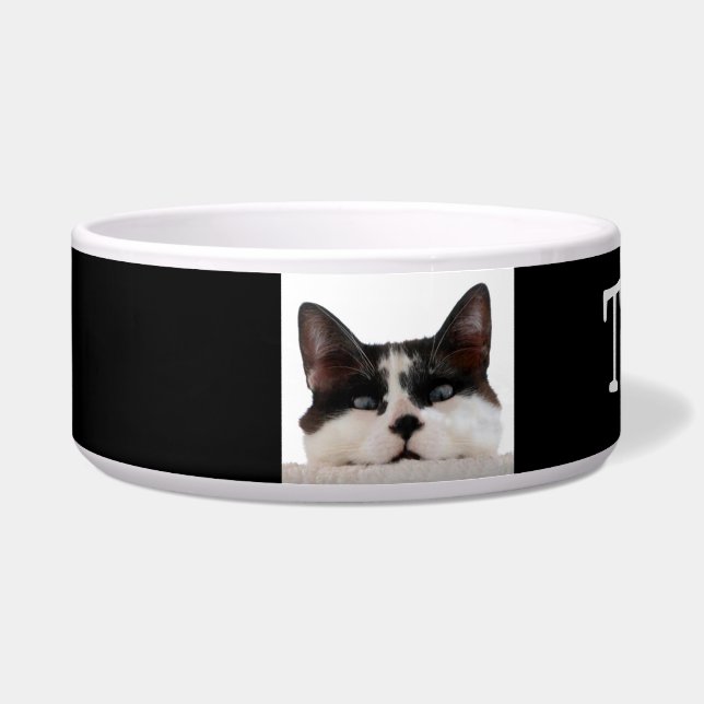 Custom Black & White Tuxedo Funny Cat Pet Bowl (Left)