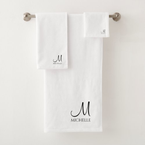 Custom Black White Typography Monogram Name Bath Towel Set