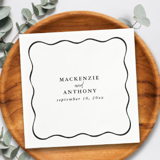 Custom Black & White Wavy Frame Wedding Cocktail Napkins