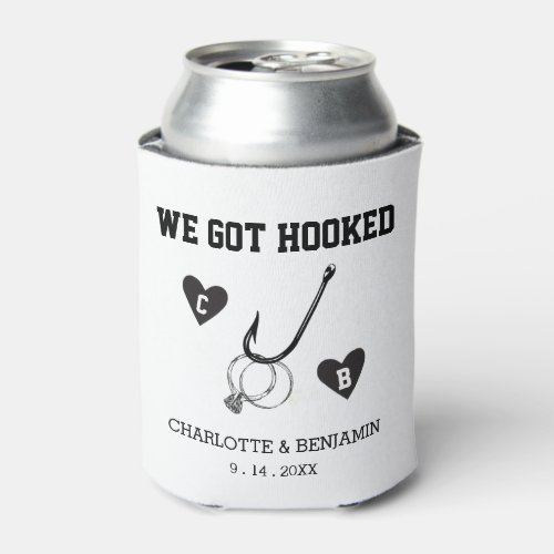 Custom Black  White We Got Hooked Wedding Can Cooler