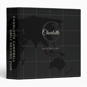 Custom Black White World Map Monogram Name 3 Ring Binder