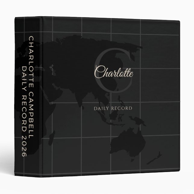 Custom Black White World Map Monogram Name 3 Ring Binder (Front/Spine)