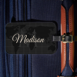 Custom Black White World Map Monogram Name Luggage Tag