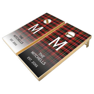 Custom Black White Yellow Red Plaid Tartan Pattern Cornhole Set