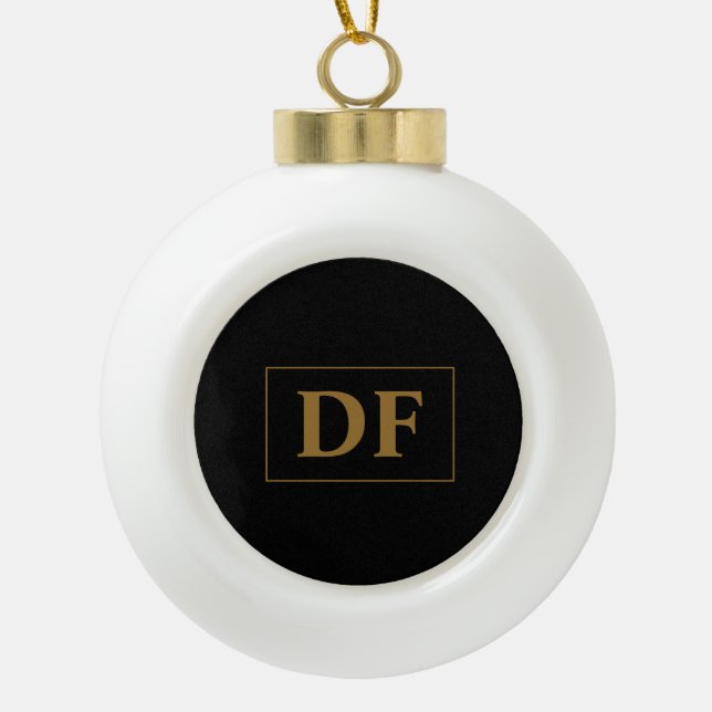 Custom Black With Gold Initials Ceramic Ball Christmas Ornament (Front)