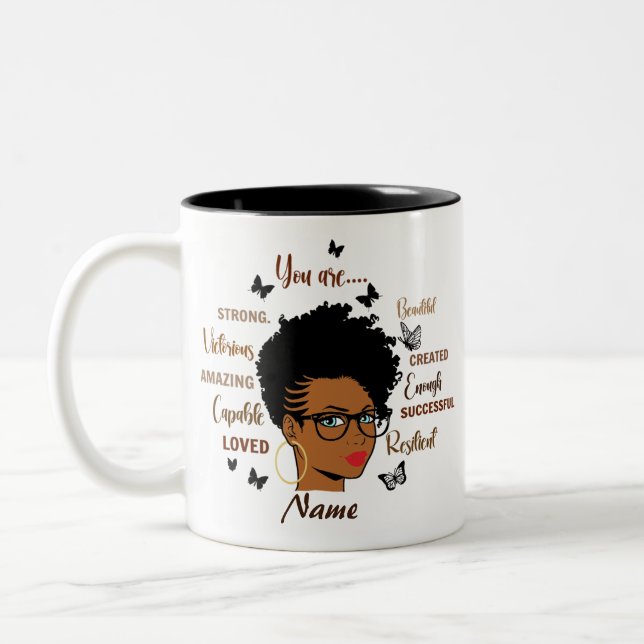 Custom Black Woman Afro Girl  Two-Tone Coffee Mug (Left)
