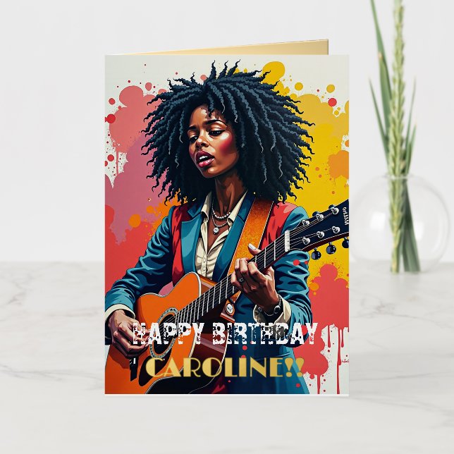 Custom Black Woman Guitarist Art Inspirational Foil Greeting Card (Front)
