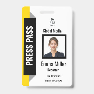Custom Black & Yellow Media Pass | Press ID  Badge