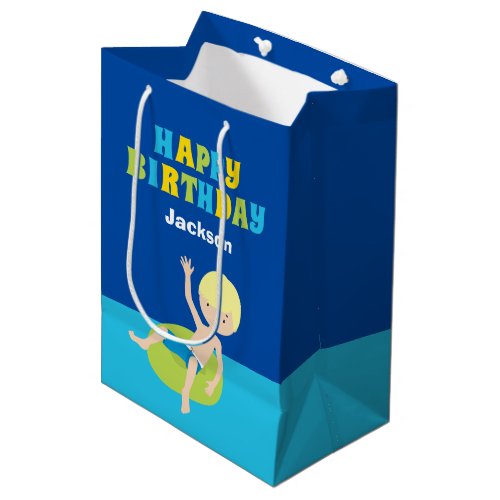 Custom Blonde Boy Swimmer Kids Birthday Pool Party Medium Gift Bag