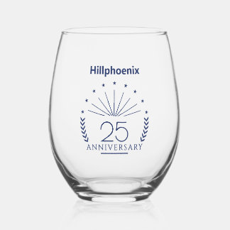 Custom Blue 25th Wedding Anniversary Typograph Ste Stemless Wine Glass