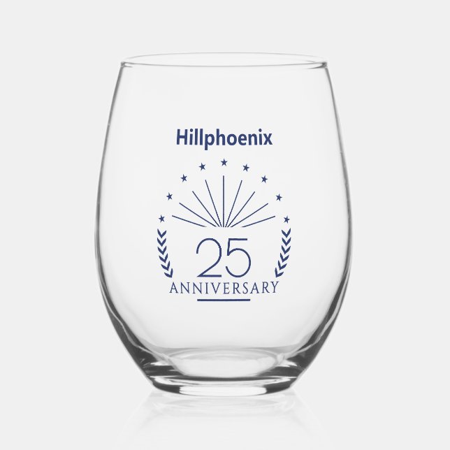 Custom Blue 25th Wedding Anniversary Typograph Ste Stemless Wine Glass (Front)