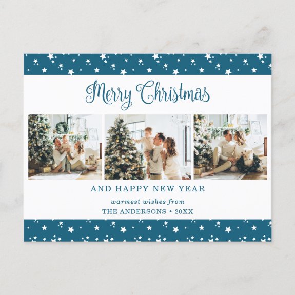 Custom Blue 3 Photo Stars Christmas Postcards