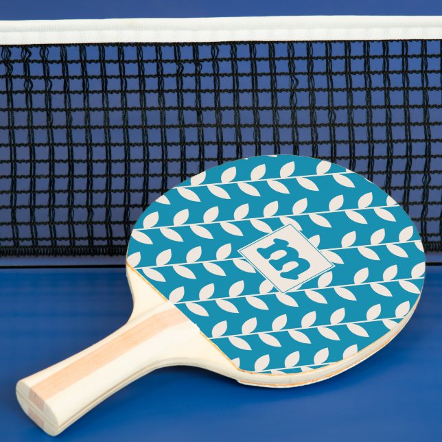 Custom Blue 70s Leaf Pattern Monogram Ping Pong Paddle (Insitu)
