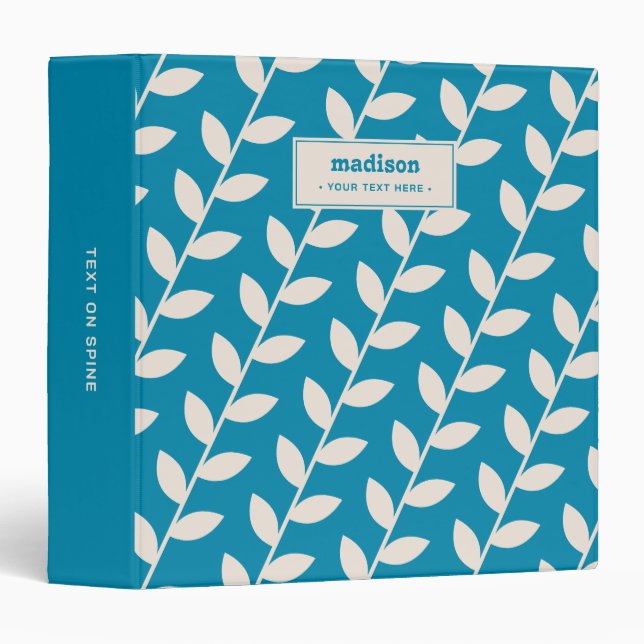 Custom Blue 70s Retro Leaf Pattern Monogram 3 Ring Binder (Front/Spine)