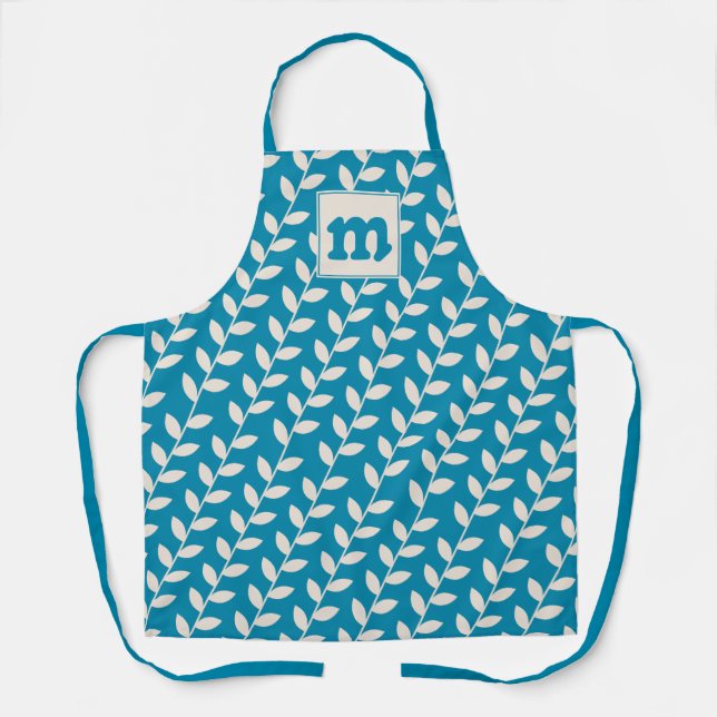 Custom Blue 70s Retro Leaf Pattern Monogram Apron (Front)