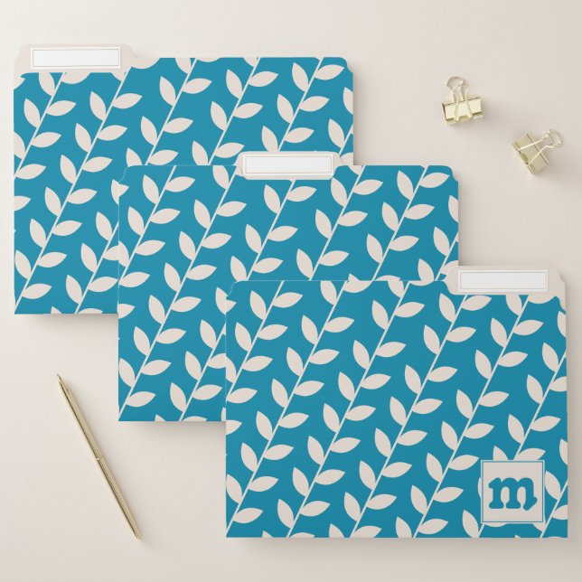 Custom Blue 70s Retro Leaf Pattern Monogram File Folder (Set)