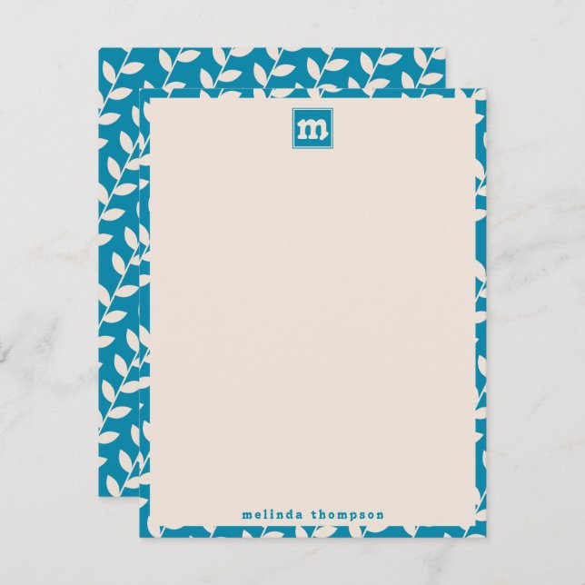 Custom Blue 70s Retro Leaf Pattern Monogram Note Card (Front/Back)